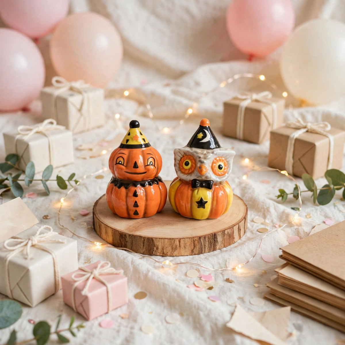 Pumpkin & Owl Salt & Pepper Shakers by Johanna Parker Design for Transpac styled for a celebration