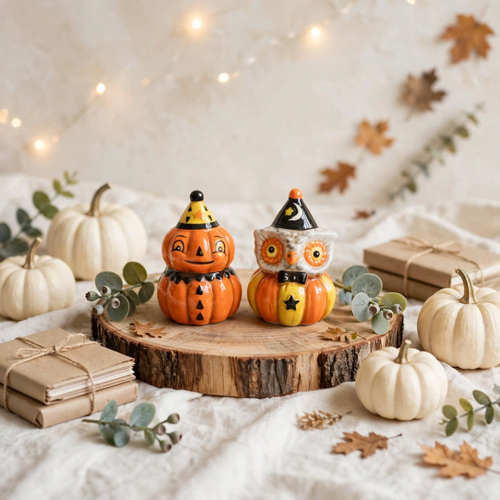 Pumpkin & Owl Salt & Pepper Shakers by Johanna Parker Design for Transpac styled for fall