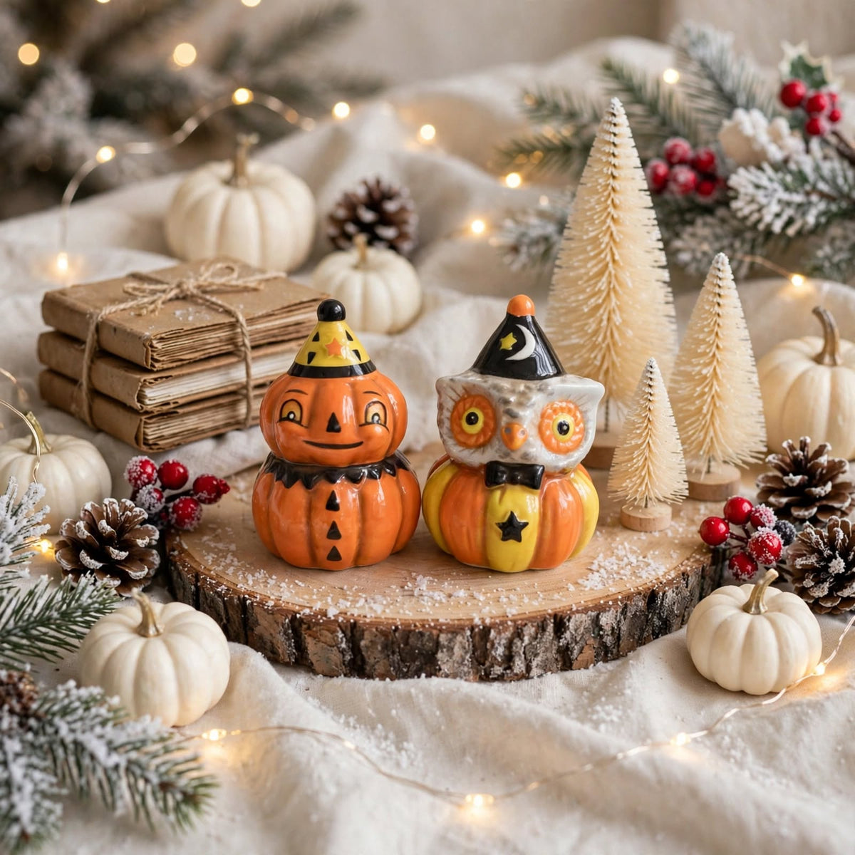 Pumpkin & Owl Salt & Pepper Shakers by Johanna Parker Design for Transpac styled for winter