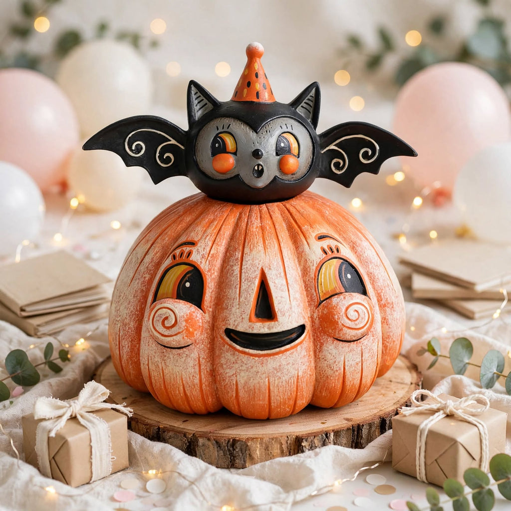 Squatty Pumpkin Batty by Johanna Parker Design for Bethany Lowe Designs in a celebration display with balloons and gifts