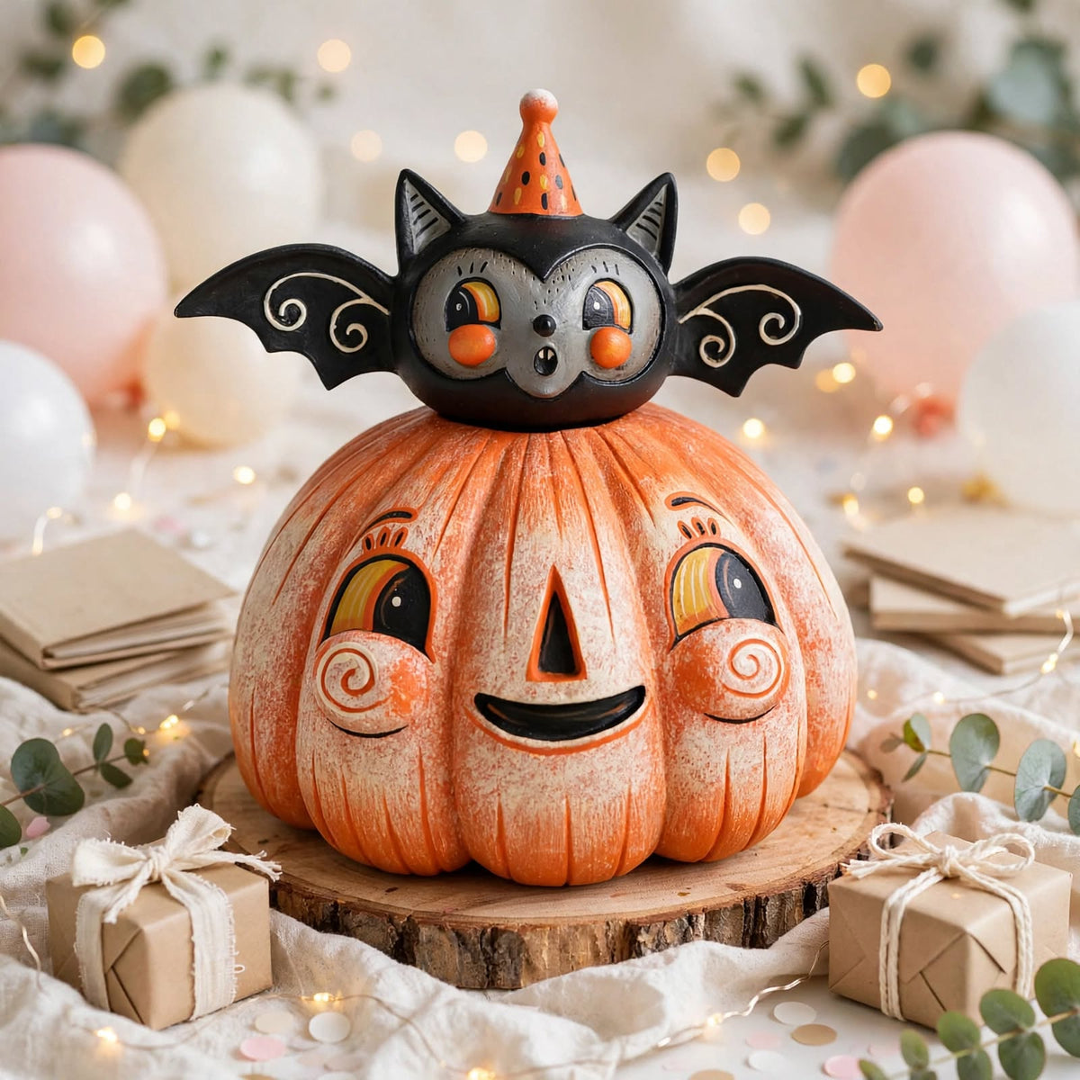 Squatty Pumpkin Batty by Johanna Parker Design for Bethany Lowe Designs in a celebration display with balloons and gifts