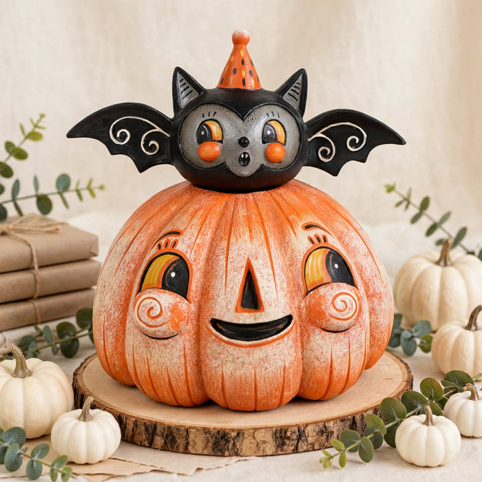 Squatty Pumpkin Batty by Johanna Parker Design for Bethany Lowe Designs in a neutral fall pumpkin display