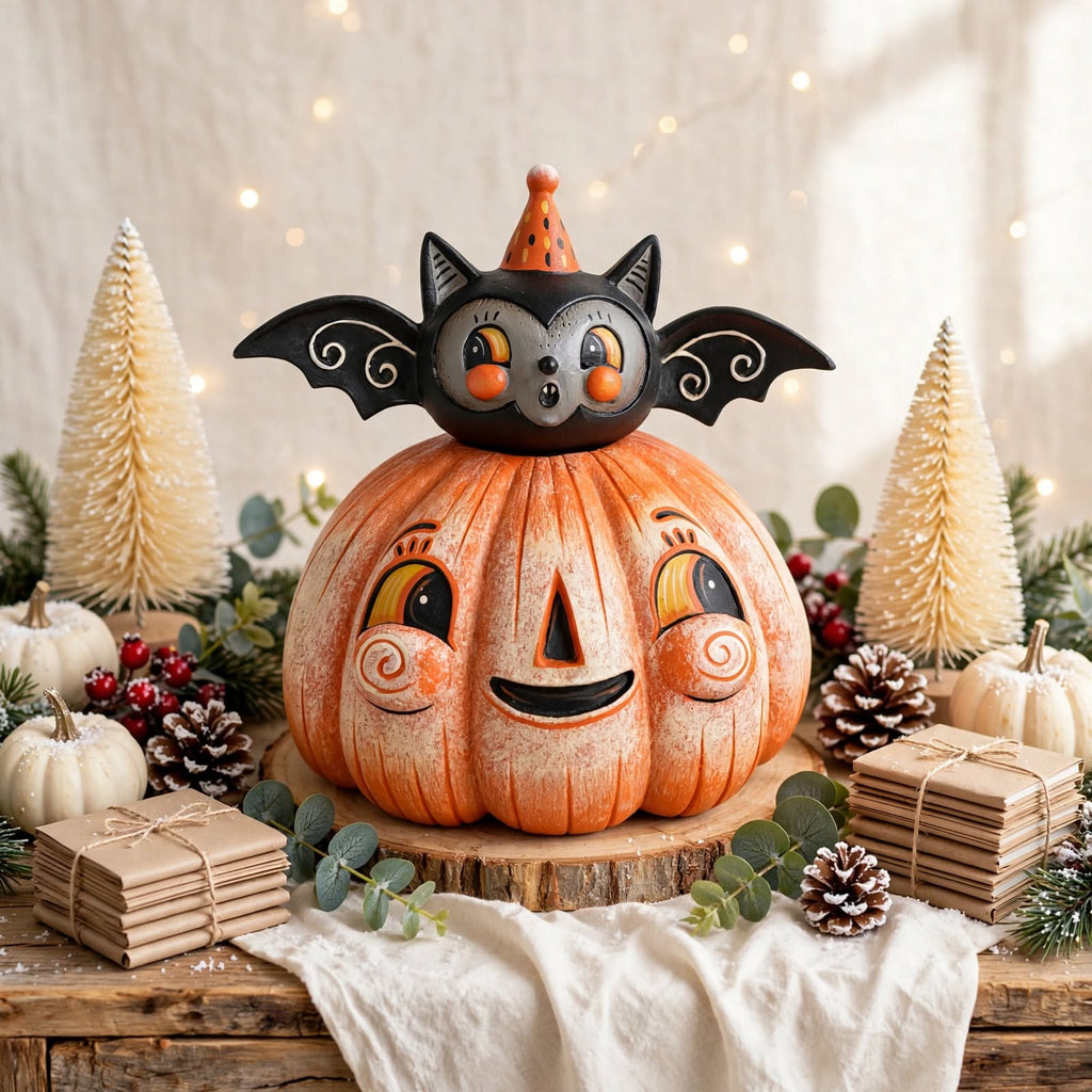 Squatty Pumpkin Batty by Johanna Parker Design for Bethany Lowe Designs styled with winter trees and greenery