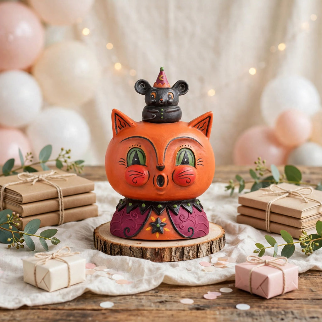 Copper Cat and Merlin Mouse by Johanna Parker Design for Bethany Lowe Designs in a celebration display with balloons and gifts