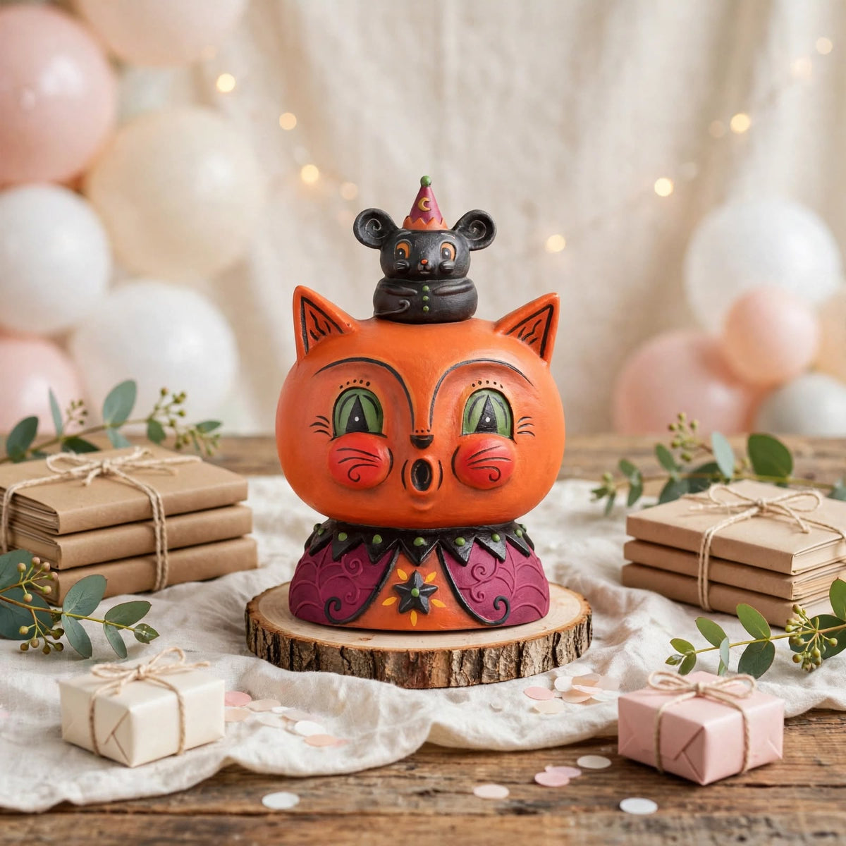 Copper Cat and Merlin Mouse by Johanna Parker Design for Bethany Lowe Designs in a celebration display with balloons and gifts