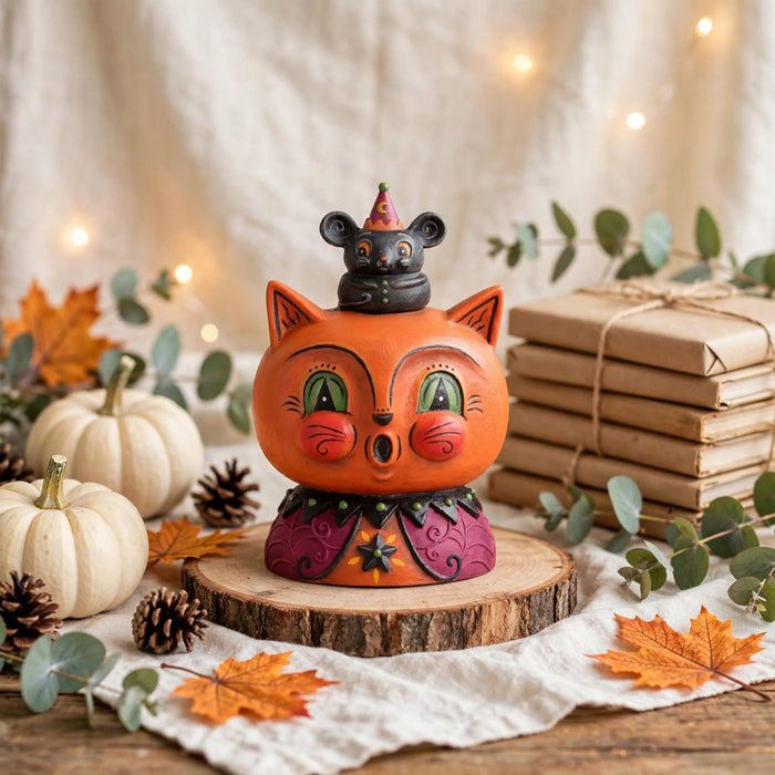 Copper Cat and Merlin Mouse by Johanna Parker Design for Bethany Lowe Designs in a warm fall display