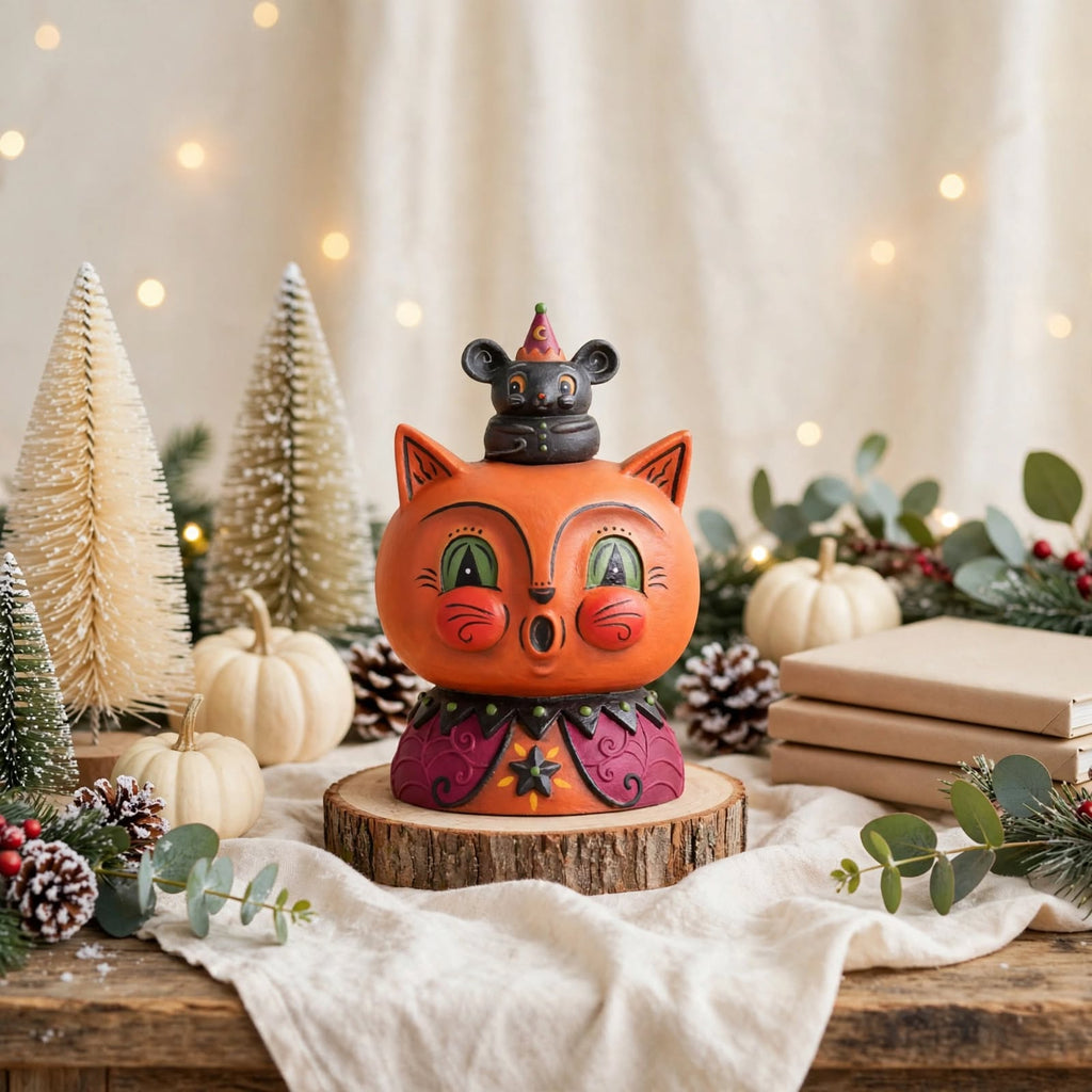 Copper Cat and Merlin Mouse by Johanna Parker Design for Bethany Lowe Designs styled with winter trees and greenery
