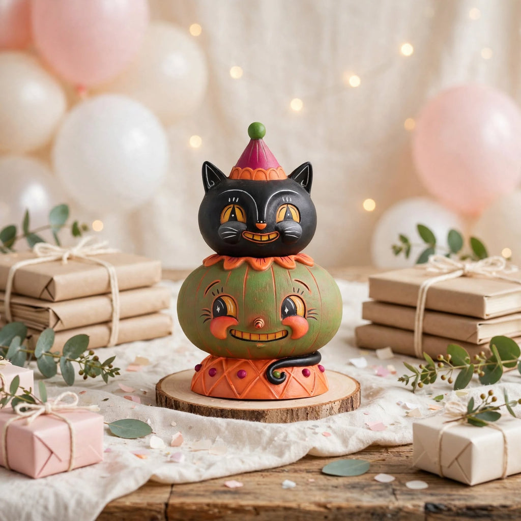 Jolly Jack-a-Melon Stack by Johanna Parker Design for Bethany Lowe Designs in a celebration display with balloons and gifts