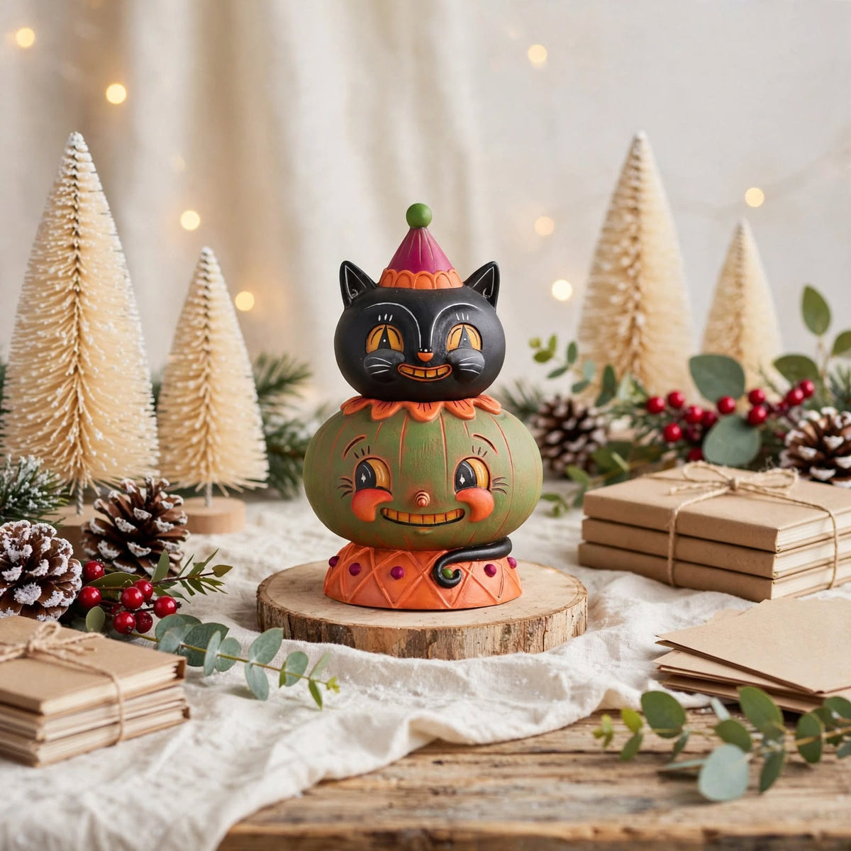 Jolly Jack-a-Melon Stack by Johanna Parker Design for Bethany Lowe Designs styled with winter trees and greenery