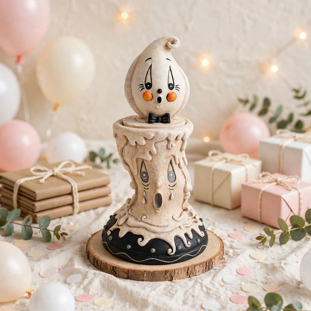 Candlestick Russ and Mourning Gus by Johanna Parker Design for Bethany Lowe Designs in a celebration display with balloons and gifts