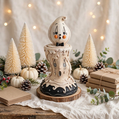 Candlestick Russ and Mourning Gus by Johanna Parker Design for Bethany Lowe Designs styled with winter trees and greenery