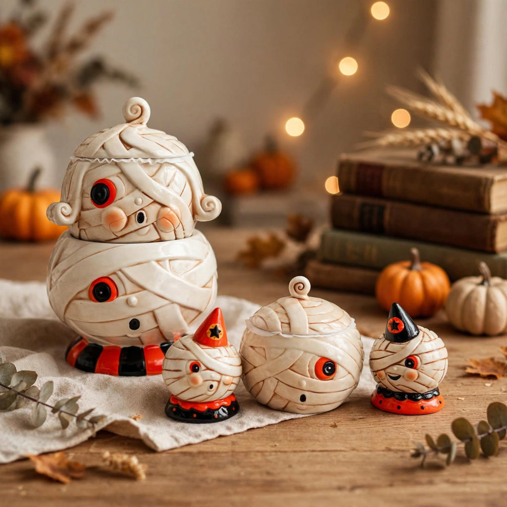 Johanna Parker Design Mummy Collection styled with vintage books, pumpkins, and autumn décor