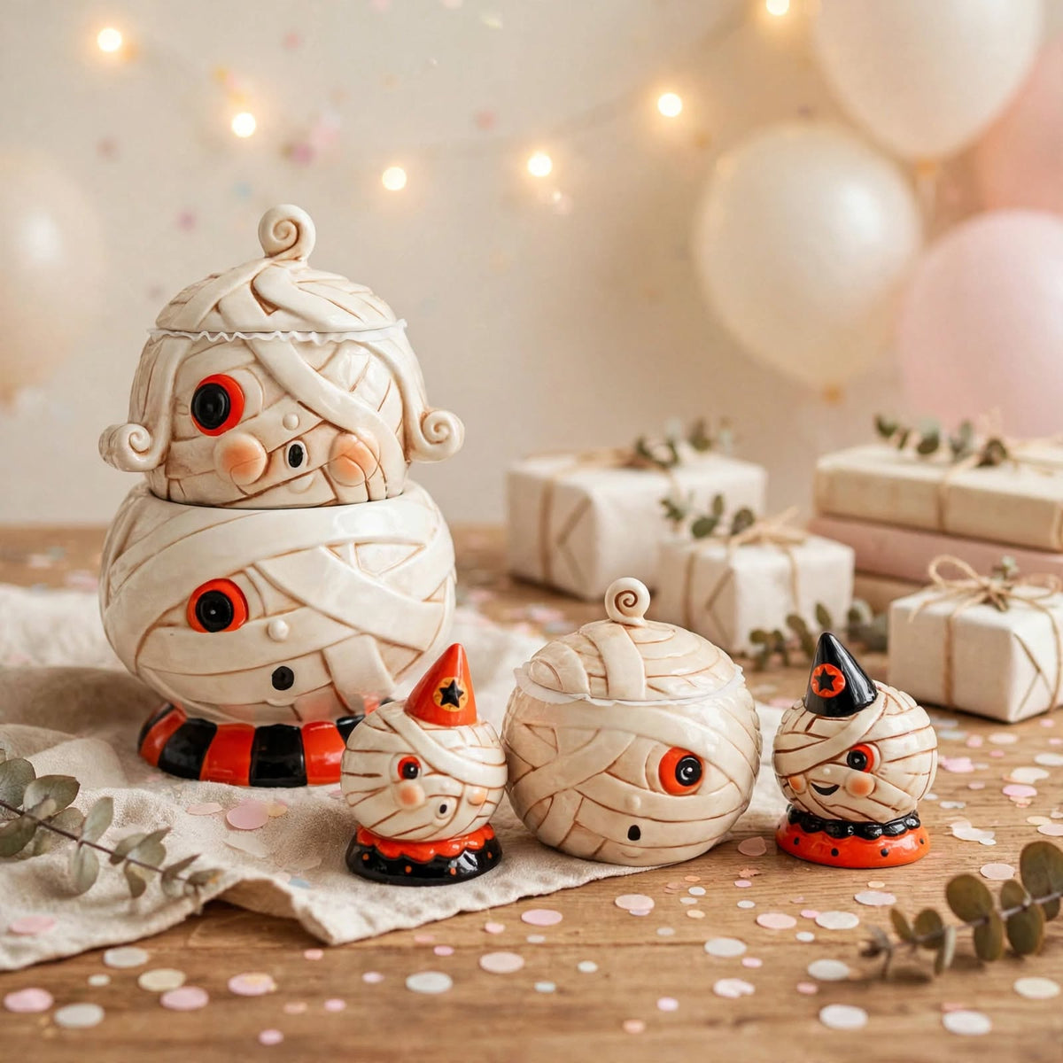 Johanna Parker Design Mummy Collection styled with pastel balloons, gifts, and lights