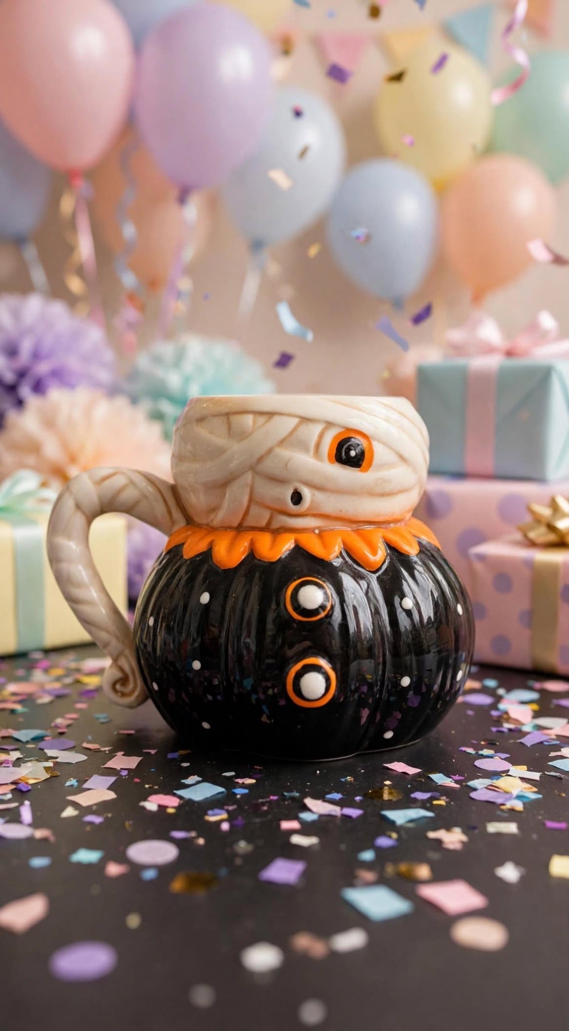 Mummy Mug by Johanna Parker Design for Transpac styled with pastel balloons, wrapped gifts, and confetti