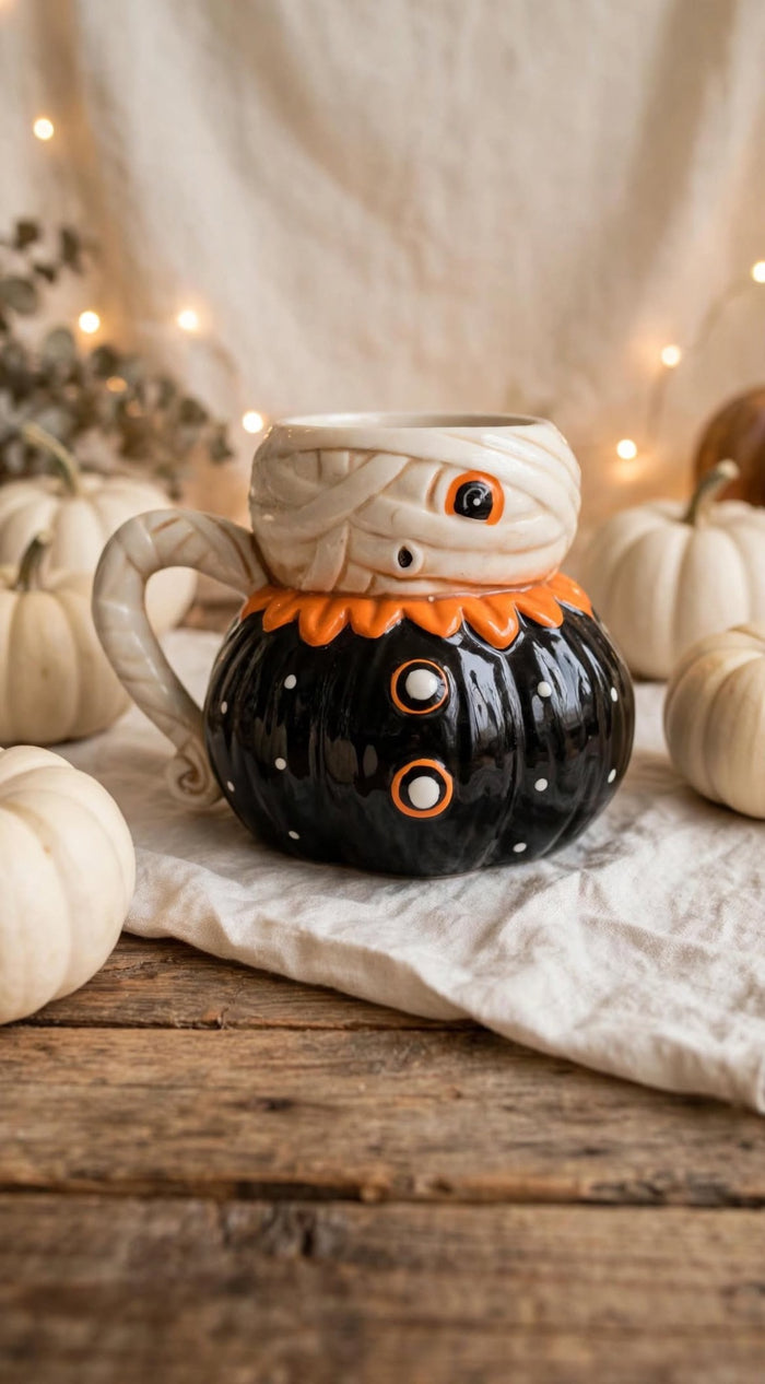 Mummy Mug by Johanna Parker Design for Transpac styled with cream pumpkins, eucalyptus, and warm fairy lights