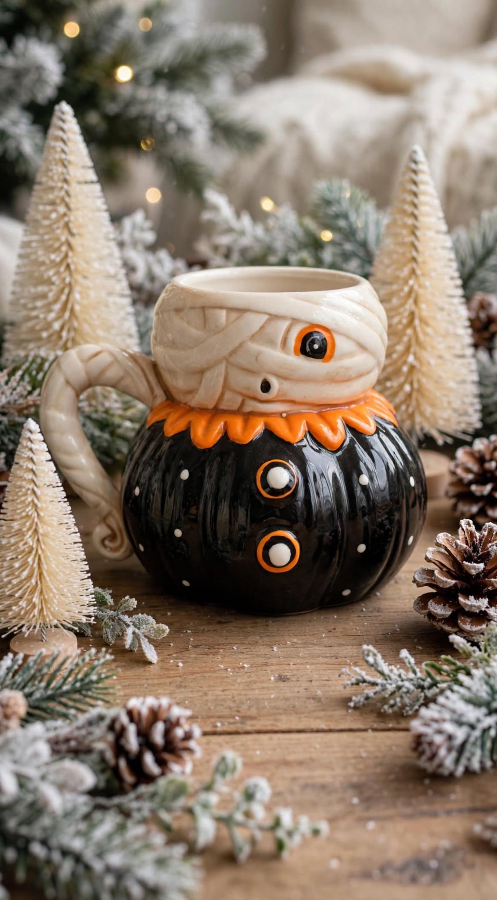 Mummy Mug by Johanna Parker Design for Transpac styled with bottle-brush trees, frosted greenery, pinecones, and warm lights