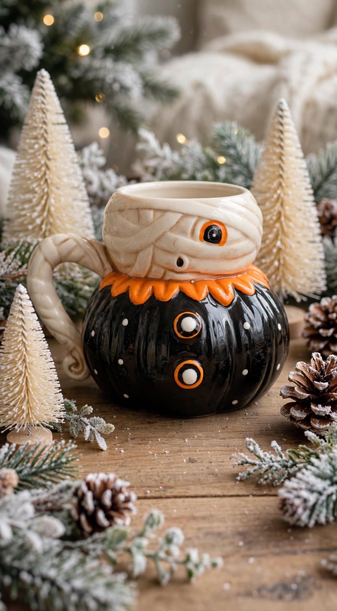 Mummy Mug by Johanna Parker Design for Transpac styled with bottle-brush trees, frosted greenery, pinecones, and warm lights
