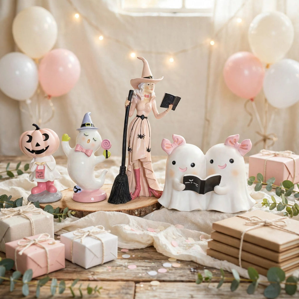 Pastel Halloween figurine set with pink witch, ghosts and pumpkin characters in a celebration display with balloons and gifts