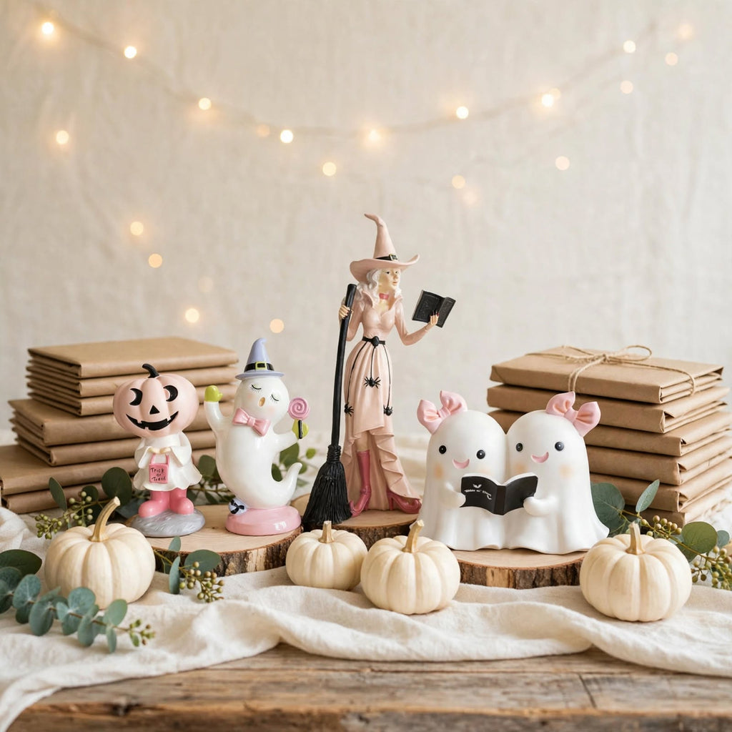 Pastel Halloween figurine set with pink witch, ghosts and pumpkin characters in a neutral seasonal display
