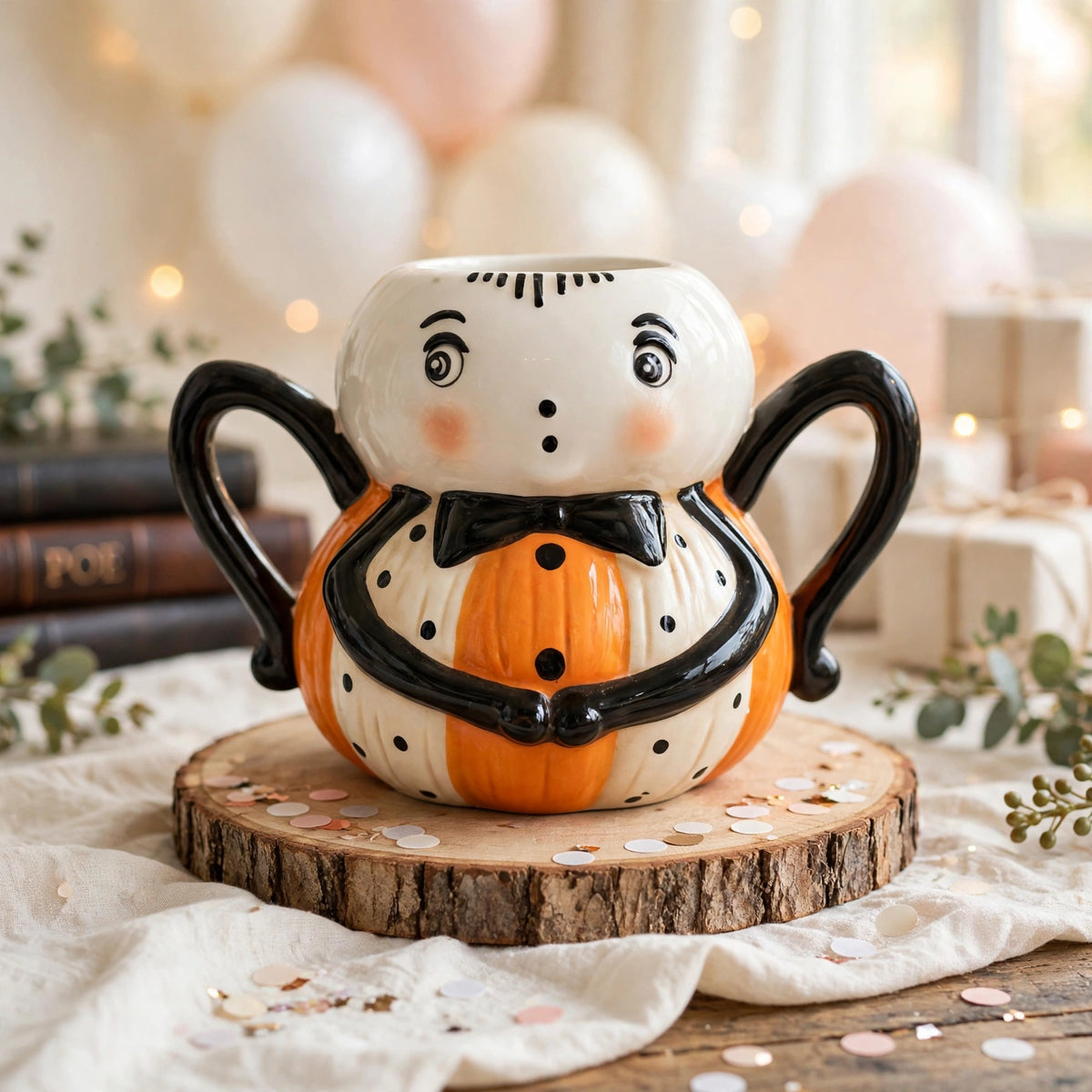 Spider Mug by Johanna Parker Design for Transpac styled with wrapped gifts, confetti, and soft balloons
