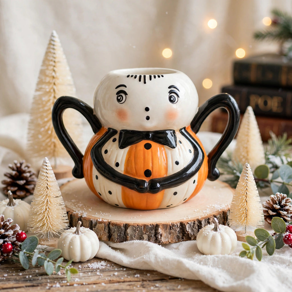 Spider Mug by Johanna Parker Design for Transpac styled with bottle-brush trees, cream pumpkins, winter greenery, and vintage books