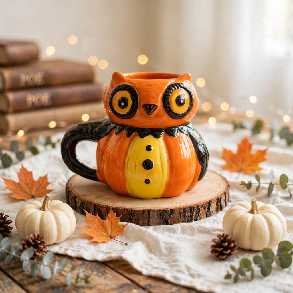 Wise Owl Mug by Johanna Parker Design for Transpac styled with cream pumpkins, autumn leaves, eucalyptus, pinecones, and vintage books
