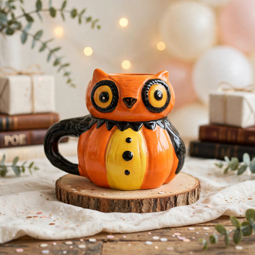 Wise Owl Mug by Johanna Parker Design for Transpac styled with wrapped gifts, confetti, and soft balloons