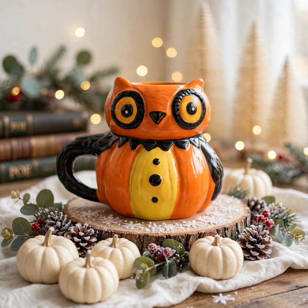 Wise Owl Mug by Johanna Parker Design for Transpac styled with bottle-brush trees, cream pumpkins, winter greenery, pinecones, and vintage books